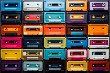 Retro cassette tapes places in a grid - obrazy, fototapety, plakaty