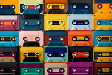 Retro cassette tapes places in a grid - obrazy, fototapety, plakaty