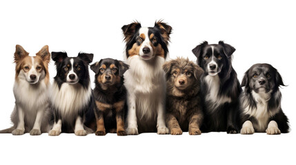 Different dogs sit separately isolated on transparent background