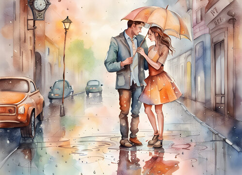 Watercolor rainy day background. Young couple under a colourful umbrella dancing in the rain. Wet town street. Amazing digital illustration. CG Artwork Background