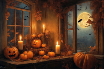 decoration for halloween holiday, jack-o-lantern pumpkins and candles on a windowsill, flying bats outside the window, moonlit night, dark, scary