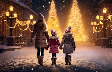 Christmas village evening scene, family walking together, Christmas lights, magical snowy landscape, Generative AI