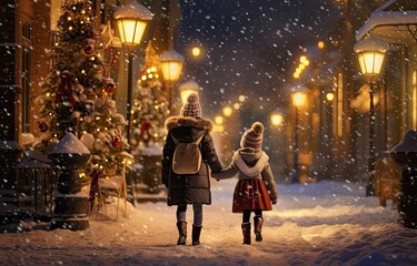Christmas village evening scene, family walking together, Christmas lights, magical snowy landscape, Generative AI