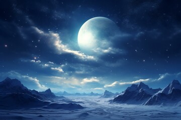 Expansive snowy landscape, massive moon, starry sky, partly cloudy. Generative AI