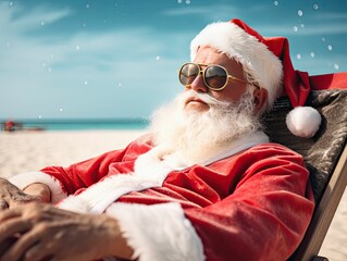 Cool Santa Clause, Christmas at the beach, relaxing, Summer, Down Under,  New Zealand and Australia, Generative AI