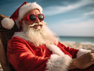 Cool Santa Clause, Christmas at the beach, relaxing, Summer, Down Under,  New Zealand and Australia, Generative AI