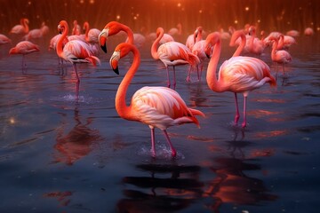 Flamingos are spread everywhere using innovative techniques. Generative AI - obrazy, fototapety, plakaty