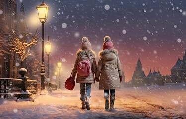 Christmas village evening scene, family walking together, Christmas lights, magical snowy landscape, Generative AI