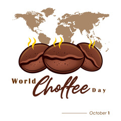 Happy International Coffee Day 1 October, banner template design. Illustration of aromatic coffee beans, steam and world map silhouette. Coffee is a drink loved by people. Vector Illustration
