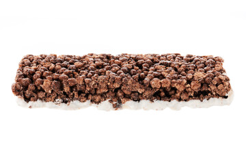 Oat and nut bar isolated on white. Granola bar. Healthy sweet dessert snack. Cereal granola bar with nuts, fruit and berries. Healthy munchies. 