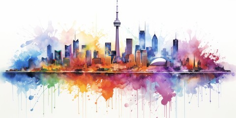 Rainbow Aquarelle Silhouette of Toronto's Iconic Cityscape, Showcasing the CN Tower, Toronto Islands, and the Cultural Tapestry of Canada