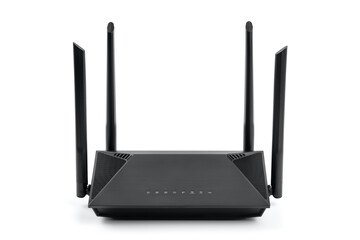 Black wireless internet router isolated on white background. 
Wireless Wi-Fi router isolated on white. Fiber Optic Internet. Network cables Connected to a router, speed test concept. - obrazy, fototapety, plakaty