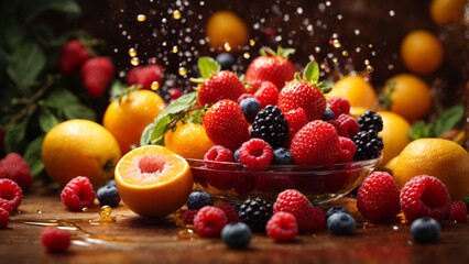 Photo fruits vibrant and colorful image of juicy fruits juice fresh splash water - obrazy, fototapety, plakaty