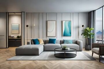 Naklejka na ściany i meble A Photograph of a serene well settled modern living room featuring sleek lines, minimalist decor, and a soothing color palette.