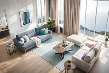 Deurstickers A Photograph of a mesmerizing aerial view showcasing a soothing pastel palette, capturing a dreamlike room interior, bathed in soft, diffused natural light. © Abdul