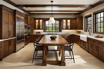A farmhouse kitchen with a rustic wooden table and  beams.