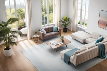 A Photograph of a mesmerizing aerial view showcasing a soothing pastel palette, capturing a dreamlike room interior, bathed in soft, diffused natural light. - obrazy, fototapety, plakaty