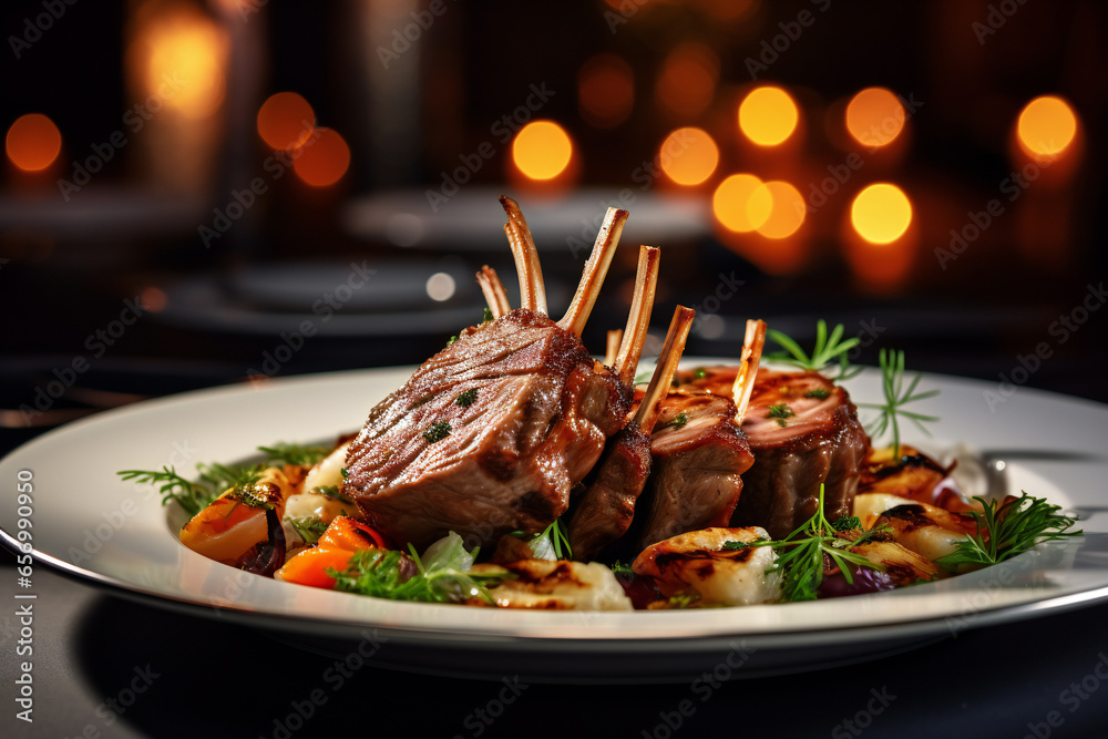 Wall mural rack of lamb in white deep plate close-up. luxury restaurant main course side view. fancy dish close