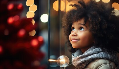A black mixed race African American girl toddler intrigued by Christmas tree, Christmas bubbles, baubles decorations, christmas tree, Christmas lights, Christmas market, white christmas - obrazy, fototapety, plakaty