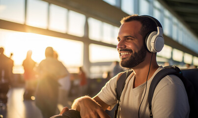 Happy smiling male traveler in airport, man in headphones at the sitting at the terminal waiting for her flight in boarding lounge.