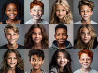 Collage of ethnically different happy children, people modern portraits, Funny, smiling and happiness multicultural faces looking at camera, Human resource society database concept.