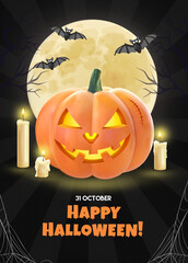 Happy Halloween Poster With 3D Rendering Pumpkin, Candles And Bats