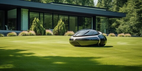 Robot Mower Glides Across the Green Meadow of a Single-Family Home on a Sunny Summer Day, Embracing Smart Technology and Eco-Friendly Innovation - obrazy, fototapety, plakaty