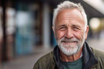 Close up of smiling senior grey-haired man outdoors.