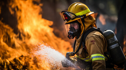Rapid Response: A firefighter in action, swiftly deploying a hose to control the blaze.