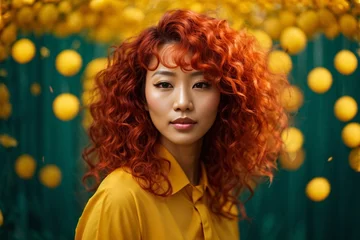 Rolgordijnen Japanese beautiful long curly redhead woman portrait with smooth health skin face for advertising design on a yellow solid background. Generative Ai. © kapros76