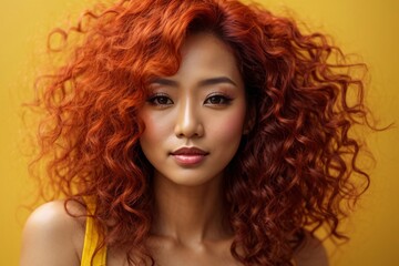 Japanese beautiful long curly redhead woman portrait with smooth health skin face for advertising design on a yellow solid background. Generative Ai.