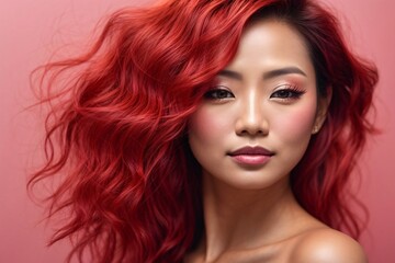 Fototapeta premium Japanese beautiful redhead woman portrait with smooth health skin face for advertising design on a pink solid background. Generative AI.