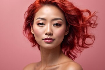 Fototapeta premium Japanese beautiful redhead woman portrait with smooth health skin face for advertising design on a pink solid background. Generative AI.