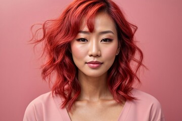 Naklejka premium Japanese beautiful redhead woman portrait with smooth health skin face for advertising design on a pink solid background. Generative AI.