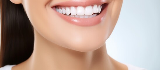 Young female smile after teeth whitening procedure. Dental care. Dentistry concept.