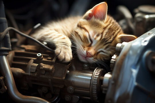 Cute young cat sleeping inside warm car engine