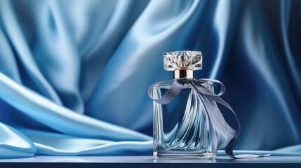 perfume bottle on folded blue silk fabric - product photo mockup (generative AI)