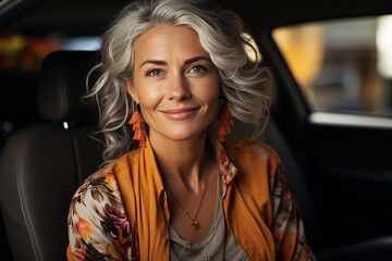 beautiful woman 40 years old with bright accessories, earrings, sitting in a car and smiling