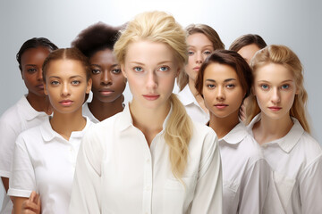 Fototapeta premium diversity, girls in white clothes on a white background with different skin colors, races, hair, studio