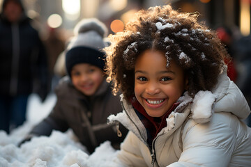 Happy girls playing with snow.Snowy street background - obrazy, fototapety, plakaty