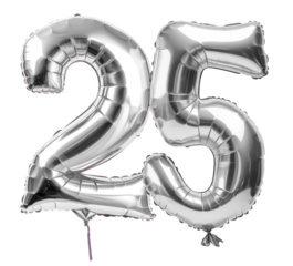 3d silver 25th anniversary helium mylar balloon on transparent png background 
