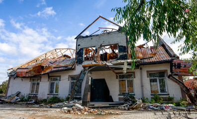 destroyed and burned houses in the city during the war in Ukraine