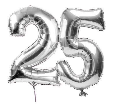 3d silver 25th anniversary helium mylar balloon on transparent png background 