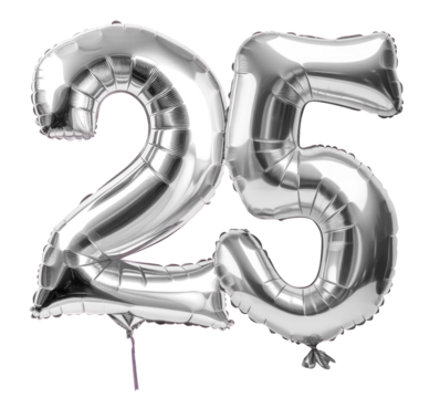3d silver 25th anniversary helium mylar balloon on transparent png background  - Powered by Adobe