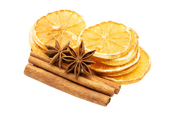 Dried orange slices from above, on white background. Dried orange isolated on a white background. Natural dried oranges background. Sliced and dried candied citrus fruit background. Food background 