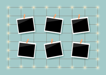 Polaroid frame photo mockup on mesh board with garland in pastel color. Best moment. Memories. Vector illustration