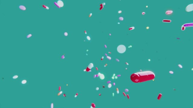 Pills and medicine flying through the air. 4K animation slow motion.