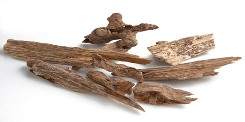 Selective Focus, sticks of agarwood isolated on white background. The incense chips used by burning it or for Arabian oud oil