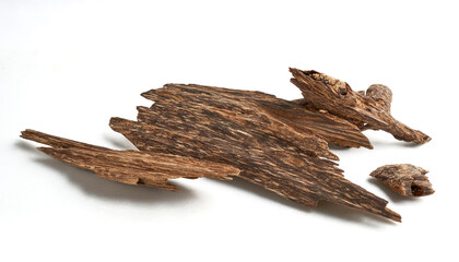 Selective Focus, Sticks of agarwood isolated on white Background. The incense chips used by burning it or for arabian oud oil