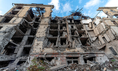 destroyed and burned houses in the city during the war in Ukraine